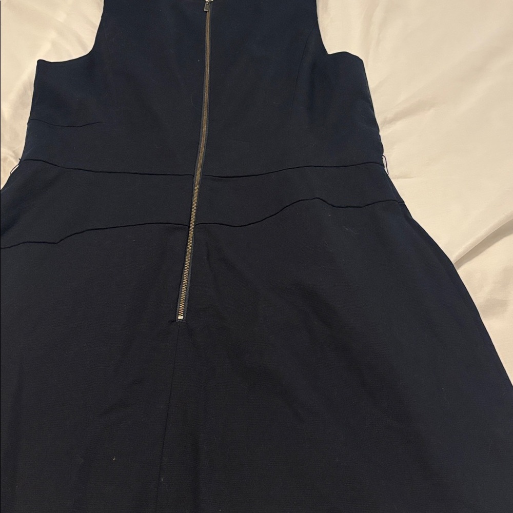 Cue Navy Mini shift Dress SZ 10 cotton stretch belt loop minimalist career wear - Picture 13 of 15